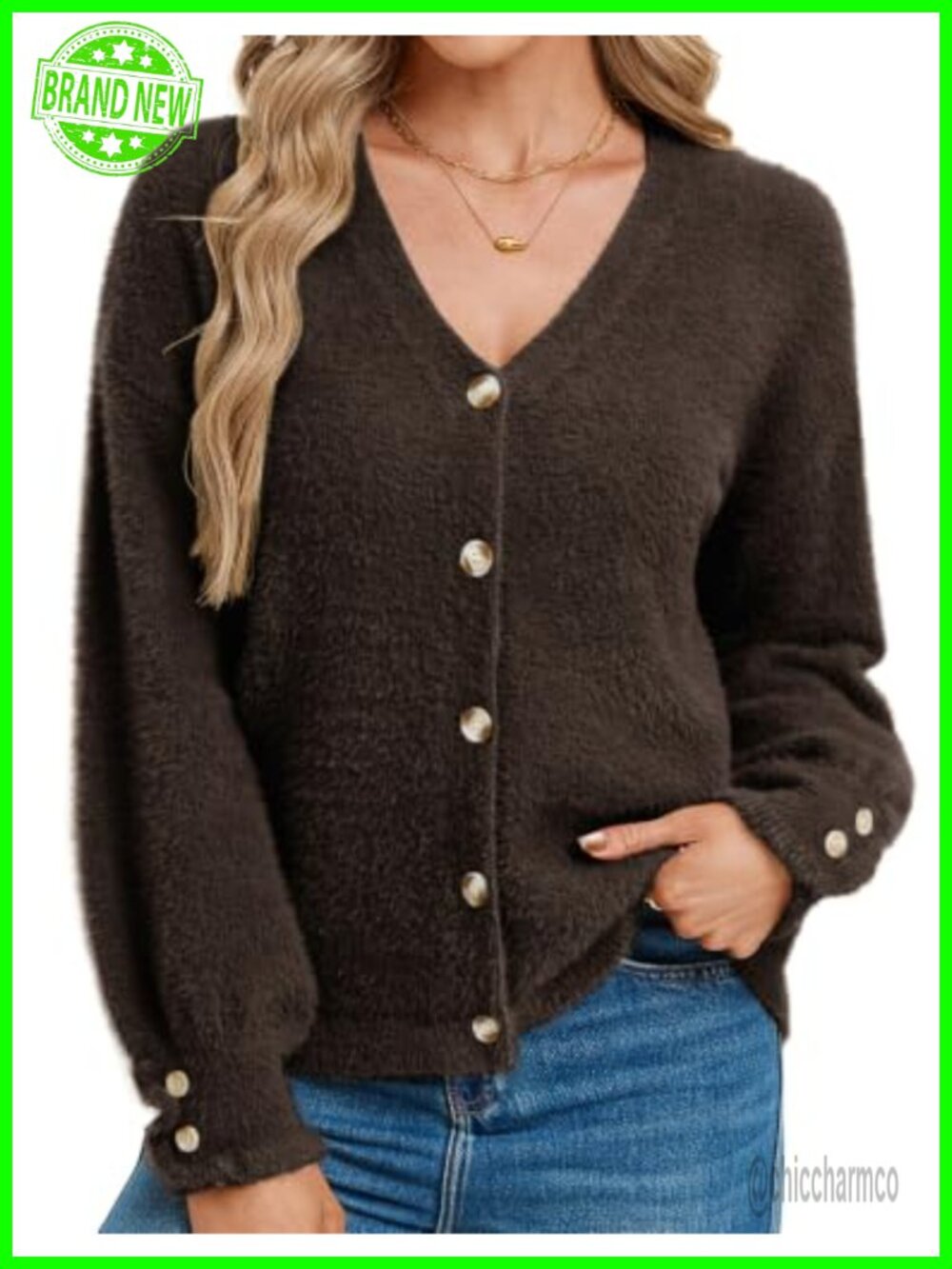 Wool Blend Fuzzy Chunky Knit Cardigan Button V-Neck Long Sleeve Fall Sweater